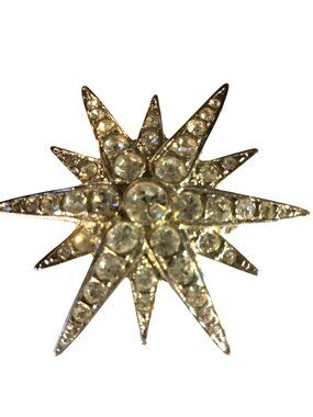 Rhinestone Starburst Victorian Brooch Statement Jewelry Clear Stones Silver Tone